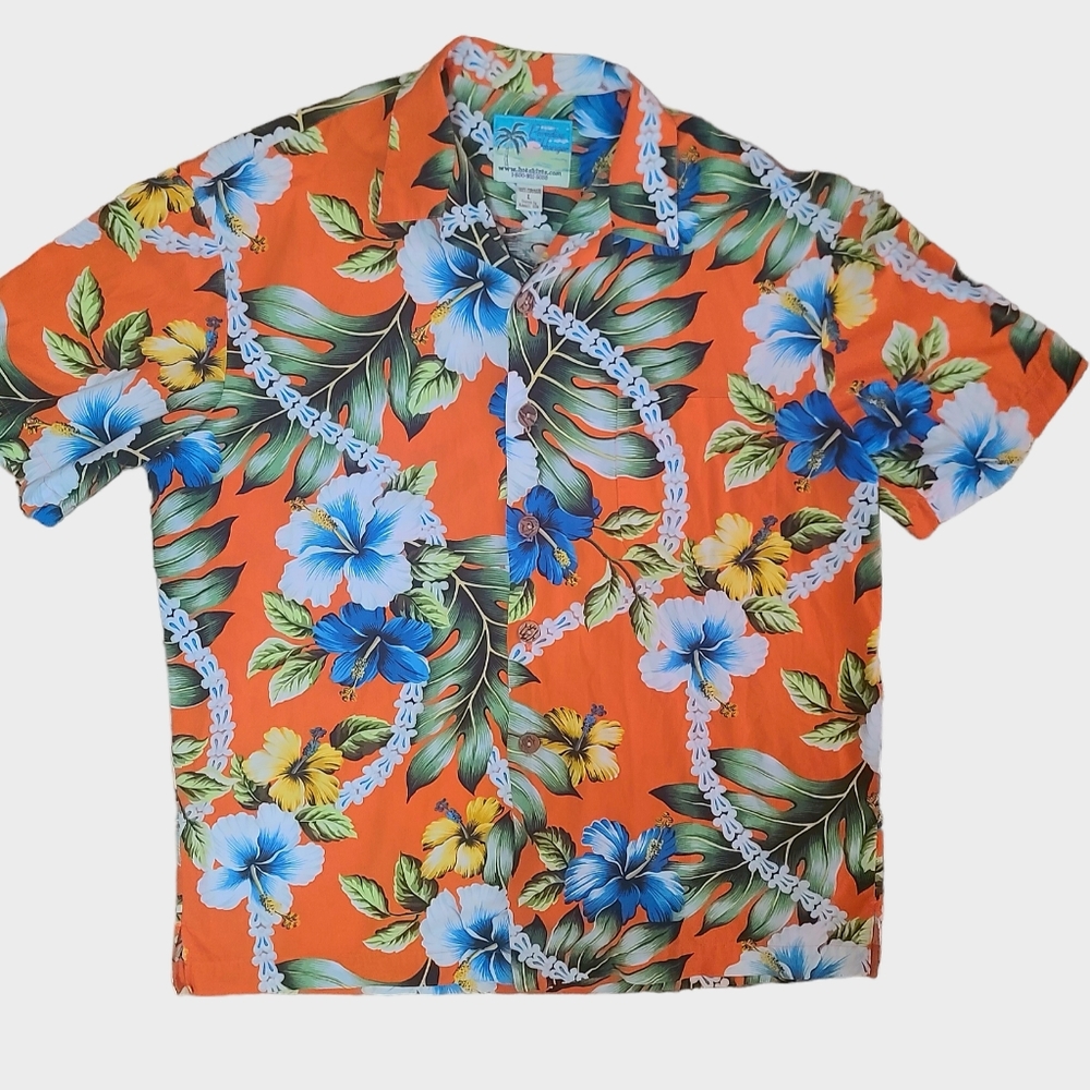Paradise on A Hanger Men's LG Orange Blue Floral Hawaiian Shirt USA Hawaii Made